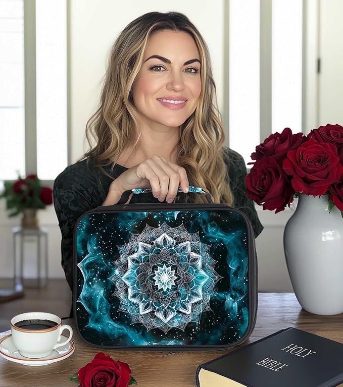 Teal Mandala Bible Cover for Women with Zipper Handle and Pockets, Boho Mandala Bible Bag Case Organizer, Scripture Carrying Case for Church Bible Study, Christian Gifts for Women