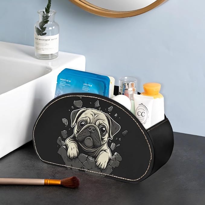 Forchrinse Pug Print Remote Control Holder for Table,PU Leather TV Remote Caddy Desk Organizer-5 Compartments Storage Box Tray for Controller,Art Supply,Office Stationery