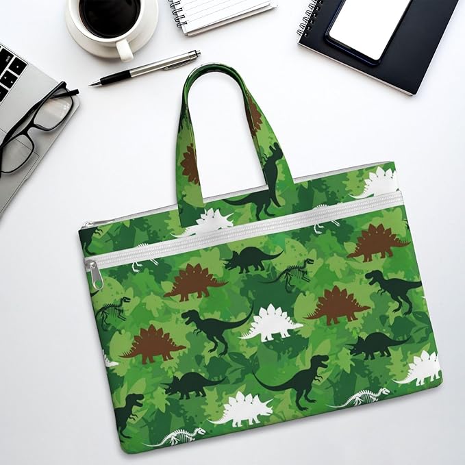 Canvas Zipper File Pouch with Handle, Green Dinosaurs Camouflage Foldable Waterproof Document Organizer for Books and Paper Storage
