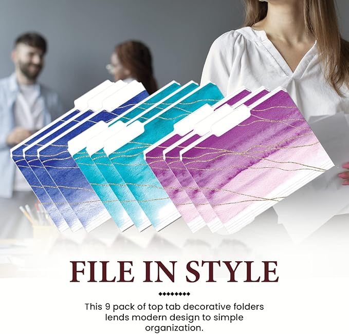 9 Decorative File Folders for Women – Cute Watercolor and Gold Design Colored File Folder Letter Size 1/3 Cut Tabs - Office Supplies Organizers for Females - 9.75" x 11.5"