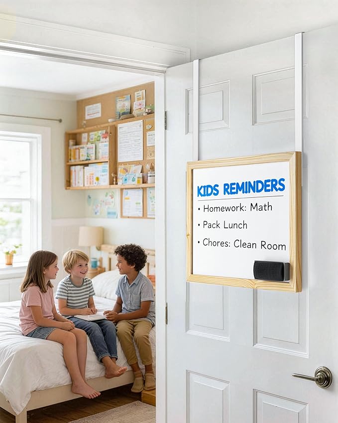Bulado Over the Door Whiteboard, 16"x12" Wooden Dry Erase Board with 2 Hanging Rods, Small White Board for Door, Cubicle Whiteboard for Home, Office, Dorm, No Drills
