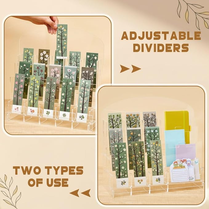 Yuntau Acrylic Bookmark Display, 0.2" Thick Acrylic Adjustable 2.2'' Stand, Portable Sticker Holder, Curved Pockets Greeting Card Display for Business Vendor, Retail Store Shop(detachable, 15 Pockets)