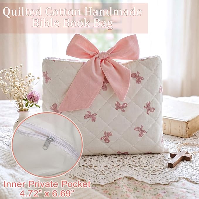 Honoson Quilted Bow Bible Sleeve Cover Case Padded Protector Washable Bible Bag Pouch Christian Gift for Women Girls Book Lover Gifts(Pink Bow)
