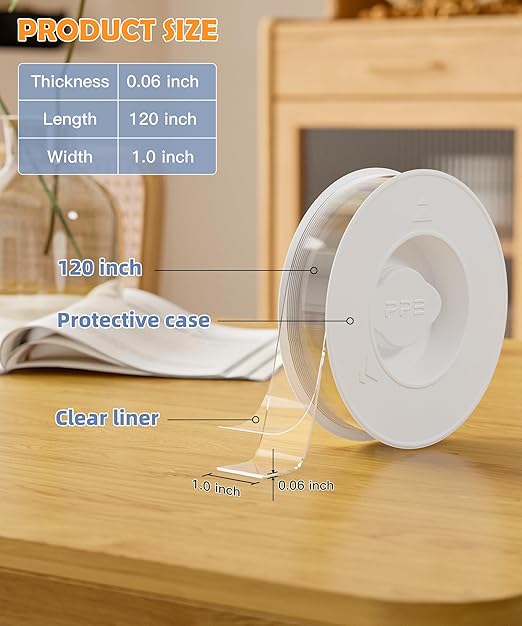 PPB Double Sided Mounting Tape, Clear Heavy Duty Nano Adhesive Tape with Protective Case, Removable Reusable Wall Tape for Home, Office, Car, Glass, Tile, Smooth Surfaces, 1 in x 10FT