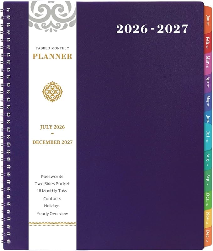Monthly Planner 2026-2027 - 2026-2027 Monthly Planner, JUL 2026 - DEC 2027 Planners, Planner 2026-2027, 18 Month Planners with Tabs & Pocket & Label, Purple