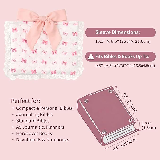 Vintage Pink Bow Quilted Bible Book Bag Cover for Women – Fits Standard Size Bibles Padded Protector Washable Cotton Bag with Elegant Lace Trim with Interior Zipper Pocket