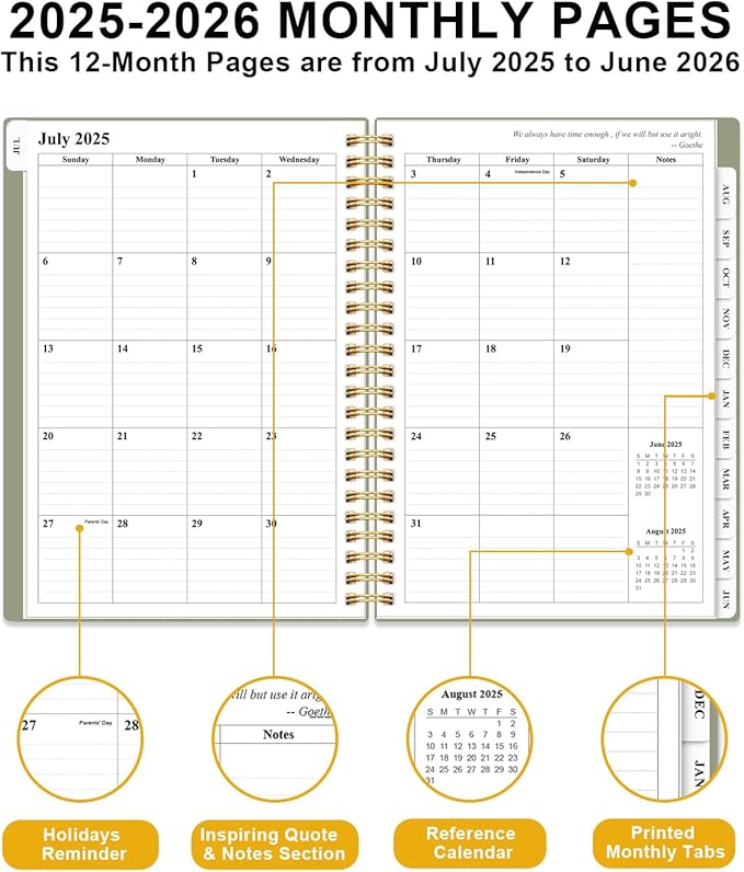 Planner 2025-2026 - Academic Year Planner from July 2025 to June 2026, Weekly & Monthly Planners Spiral Bound with 12-Month Tabs, Inner Pocket, 6.25" x 8.5", Green