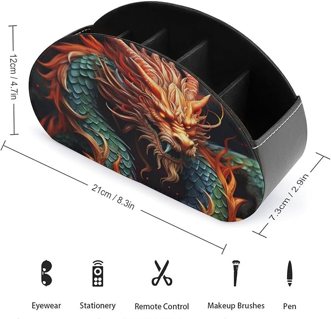 Chinese Dragon TV Remote Control Holder PU Leather Storage Caddy Box 5 Compartments Multi-functional Desktop Organizer Store for Brush Office Supplies Pen Glasses