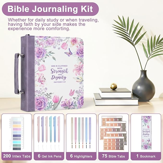 Bible Cover Case for Women PU Leather Bible Bag, Portable Holder Carrying Case with Study Supplies Storage, Christian Church Bag, Bible Journaling Kit Christian Gifts for Women and Girl (Purple)