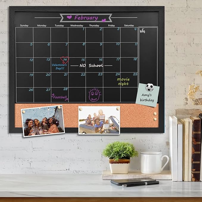 TORASO Magnetic Chalkboard Calendar Corkboard, 18" x 22" Combination Chalk Board Bulletin Board, Black Wood Framed Blackboard Calendar Cork Combo Board(ZHHB-BK-4555)