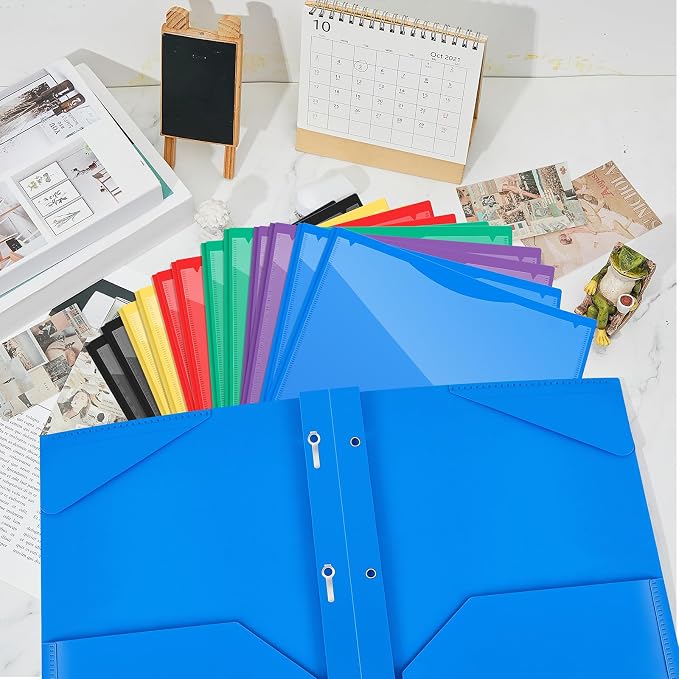 Henoyso 18 Pcs Plastic Folder with Clear Front Pocket and 3 Prong Plastic Folders with Card Slot Pocket Folders with Prongs for School Office (Colorful)