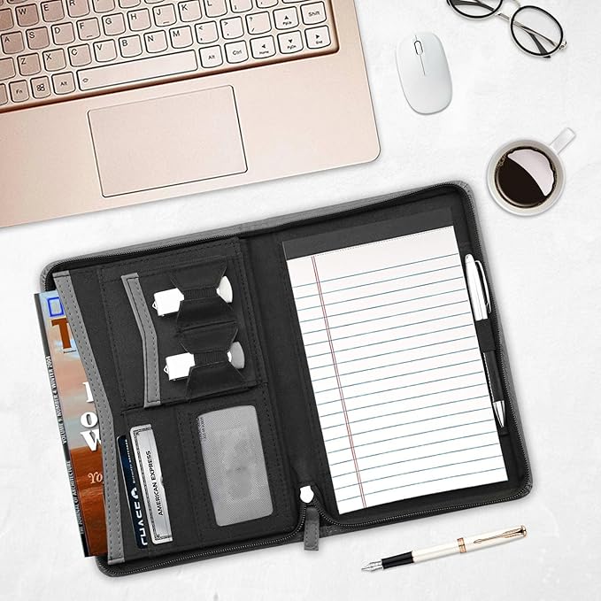 Junior Padfolio/Resume Portfolio Binder with Refillable Lined Notepad, A5 Padfolio Folder, Business Portfolio, Multi-Function Case, A5 Writing Pad Included, Gray