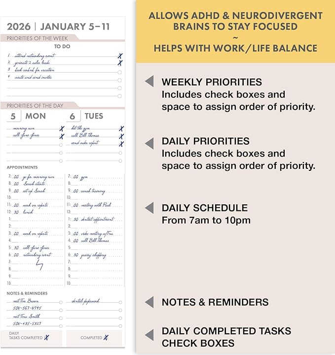 Essential PRO 2026 Daily, Weekly & Monthly Planner, 8.5"x11": 14 Months (Nov 2025 - Dec 2026) Monthly Tabs,Daily Tracking,Notes Pages,Storage Pocket,Bookmark w Sticky Notes (Small Navy Floral)