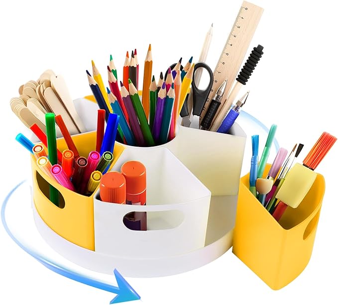 360 Rotating Art Supply Organizer Caddy for Kids - Crayon & Marker Storage, Pencil Holder for Desk - Yellow