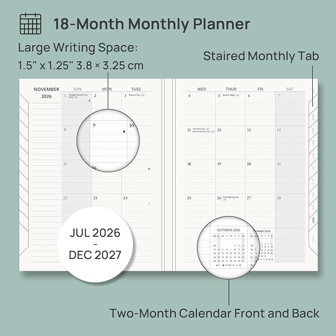 POPRUN Monthly Planner 2026-2027, 6.25" x 8.5", 18 Month (Jul 2026 - Dec 2027) Calendar Book, Academic Calendar Planner with Monthly Tabs, Inner Pocket, Hard Cover, 100GSM Paper - Haze Blue