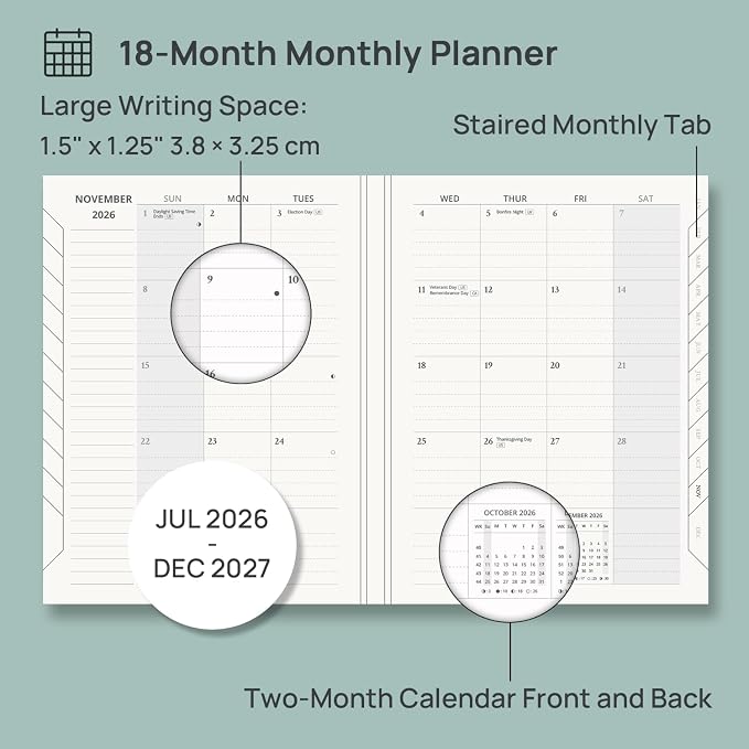 POPRUN Monthly Planner 2026-2027, 6.25" x 8.5", 18 Month (Jul 2026 - Dec 2027) Calendar Book, Academic Calendar Planner with Monthly Tabs, Inner Pocket, Hard Cover, 100GSM Paper - Pacific Green
