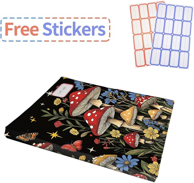 Anseal 1 Pack Mushroom Pattern Stretchable Book Sleeve Cover for Hardcovers Textbooks up to 9" x 12", Washable Reusable Book Protector with 2 Labels