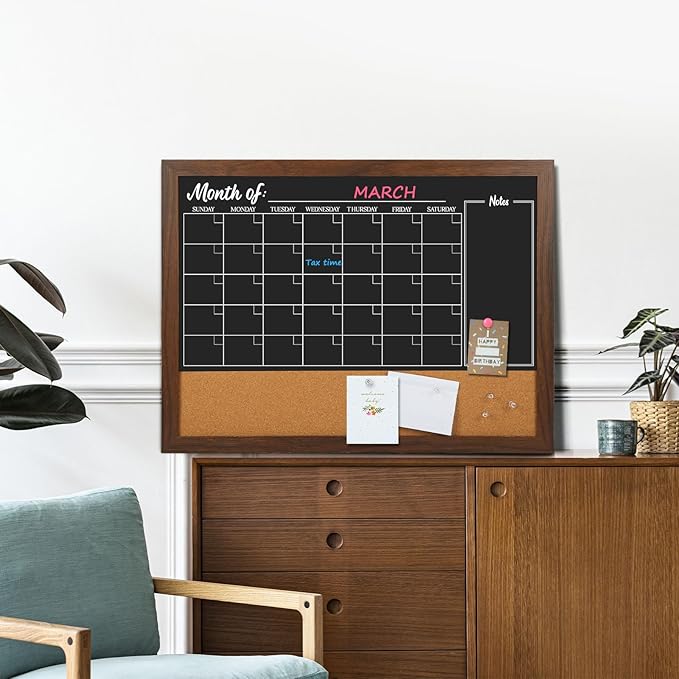 4 THOUGHT Chalkboard Calendar Corkboard Combo, 24" x 36" Large Bulletin Board Magnetic Calendar Chalkboard for Wall Combination Board Monthly Planner Rustic Brown Frame 4 Markers 8 Magnets 10 Pushpins