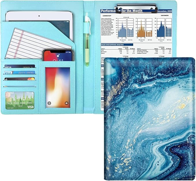WAVEYU Padfolio Business, Resume Portfolio Folder, Leather Interview Organizer with Legal Pad Clipboard for Men Women, Blue Marble