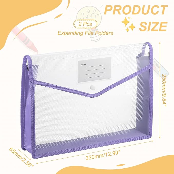 PATIKIL Plastic Expanding File Folders, 2 Pack A4 File Folder Envelopes Letter Size Document Organizer Supplies with Snap Closure for Classroom Office, Purple, Horizontal