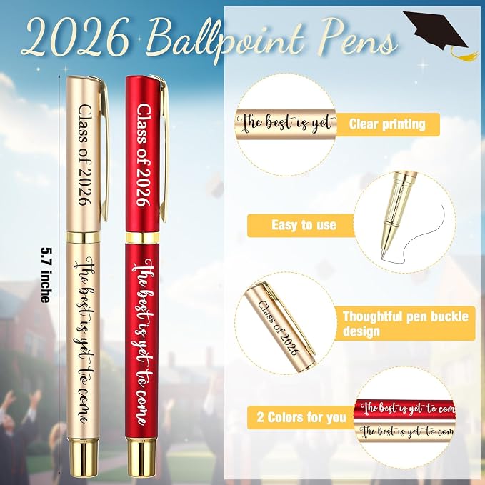 Affrolling 12 Sets Class of 2026 Graduation Gifts Bulk – Graduation Pens, Compass Bookmarks, Cards & Clear Gift Bags, Inspirational Party Favors for Students & Teachers(Red,Gold)