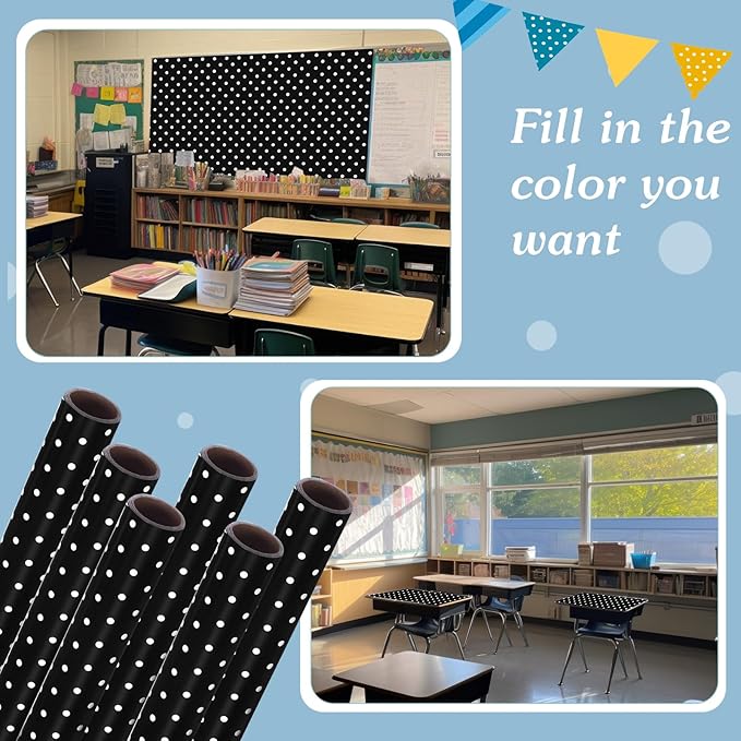Skyygemm 6 Rolls Classroom Bulletin Board Paper Roll Polka Dot 4 x 12 ft Fade Resistant Colored Background Paper Bulk for Art Decor Drawing Craft(Black)
