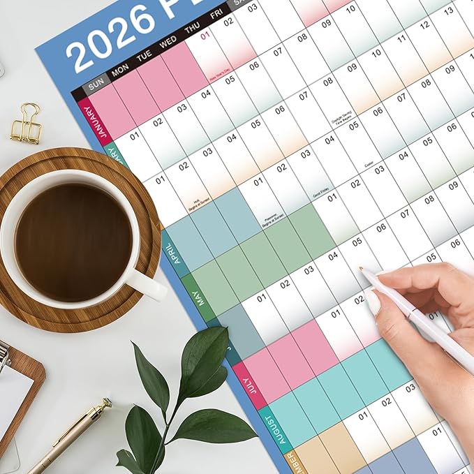 2026 Yearly Wall Calendar - Yearly Wall Calendar 2026, 2026 Calendar, Jan 2026 - Dec 2026, 23.1" x 34.6" (Open), Julian Dates, Thick Paper, Double-Sided Round Stickers, Grayish Blue