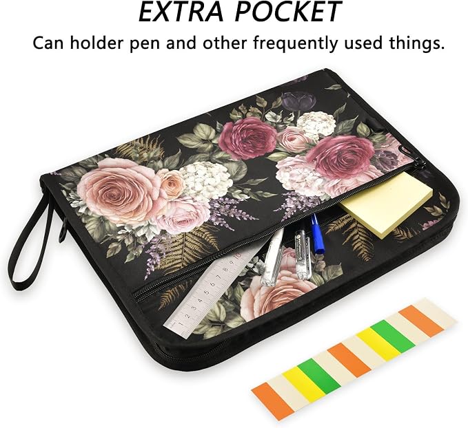 ALAZA Retro Rose Flower Expanding Filing Folder, 13 Pockets Expandable Document Organizer Folder with Zipper Closure for Home Office A4 Letter Size Paper Document