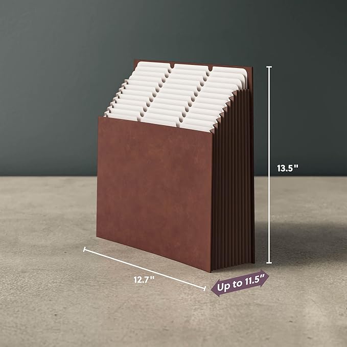 Smead Expanding 12-Pocket Stadium File, 12.75" x 13.75" x up to 11.75", Brown Vegan Leather (70228)