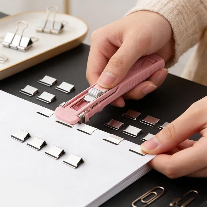Portable Binder Clip Stapler, Includes 150 Reusable Clips, Push Clip Staplers, Mini Push Stapler Clamp Staplers for Desktop Document Home School Desk Office (D#)