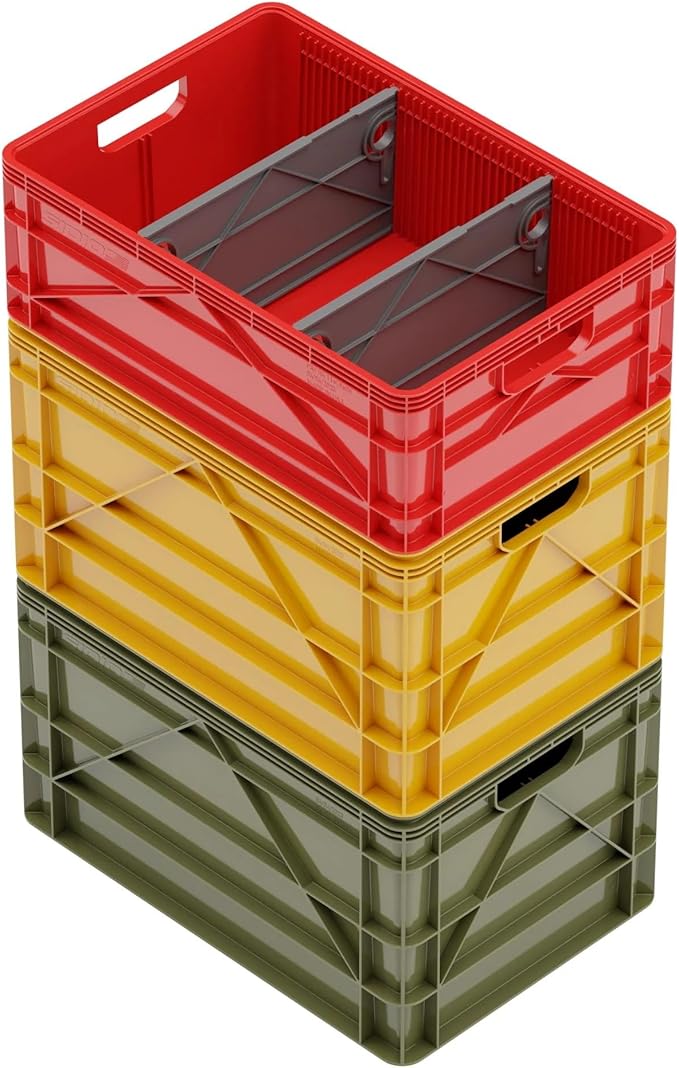 SIDIO Crate Basic Pack - 2 Full-Size & 1 Half-Size Heavy Duty Stackable Storage Bins, Totes and Containers with Dividers - Durable Plastic Organizer for Home, Office, Garage, and Outdoor Use