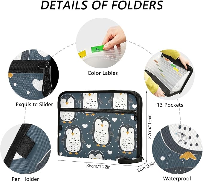 Expanding File Folder Cute Penguin Blue Accordion File Organizer 13 Pockets Document Organizer with Zipper Labels A4 Letter Office Storage