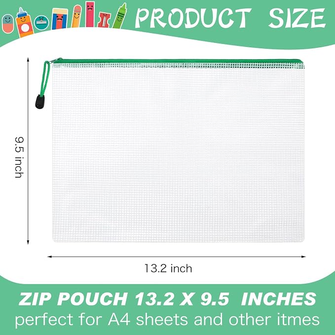 Zhehao 200 Pcs A4 Mesh Zipper Pouch Bulk Waterproof Mesh Zipper Organizer Plastic File Folder Case for School Office Supplies Document Board Games Puzzle(Green)