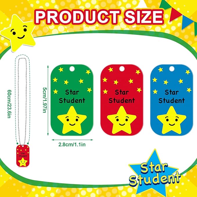 Landical 48 Pcs Student Incentives Metal Star Student Dog Tag with Chains Recognition Tag Necklaces Education Awards Prizes Bulk for School Classroom Reward Teacher Supplies
