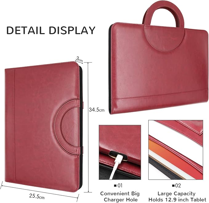 Darolin Zippered Leather Padfolio Portfolio with [Hidden Handle] and [Clipboard], Business Conference Organizer Notepad Folder, Portfolio Bag for Women/Men (Redwine)