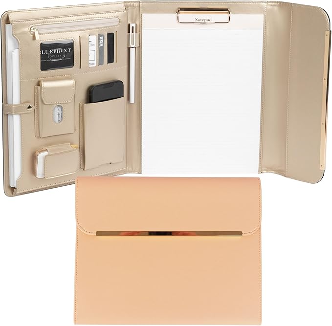BLU MONACO | Peach Beige Vegan Leather Padfolio | Professional Portfolio Binder with Magnetic Closure and Gold Trim | 8.5 x 11 Business Organizer Case for Women