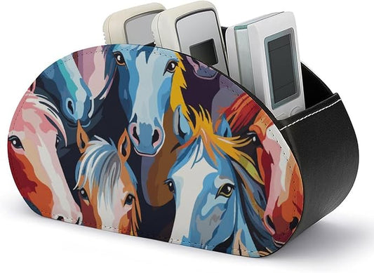 Colorful Cartoon Horses Remote Control Holder TV Remote Caddy with 5 Compartments PU Leather Storage Box Stylish Desk Organizer for TV/DVD/Accessories Desk Office Supplies Home