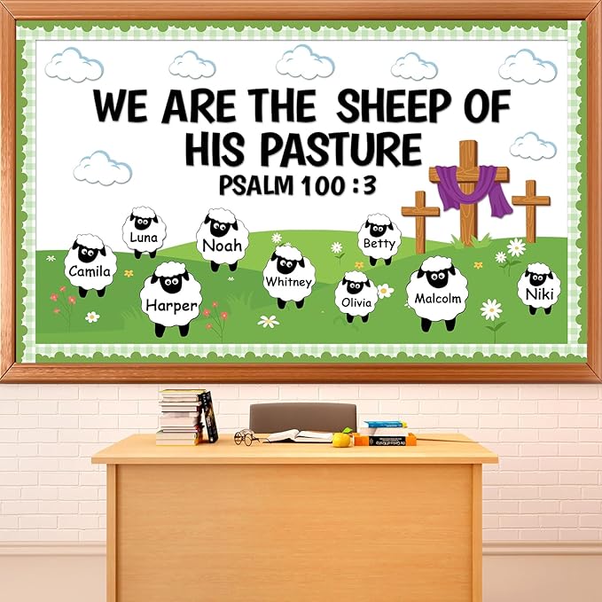 Christian Bulletin Board Set VBS 2026 Religious Jesus Classroom Decoration Sheep Bible Verse Paper Cutouts We are The Sheep of His Pasture Bulletin Board for Sunday School Church Chalkboard Wall Decor