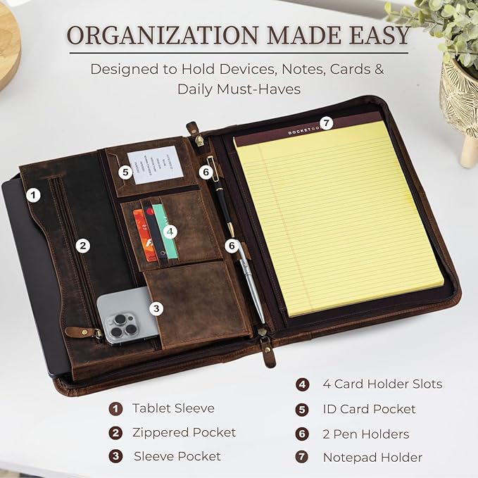 Leather Padfolio with Zipper – Business Portfolio for Men and Women, Legal Pad Portfolio, Leather Folder, Professional Padfolio for Meetings and Interviews