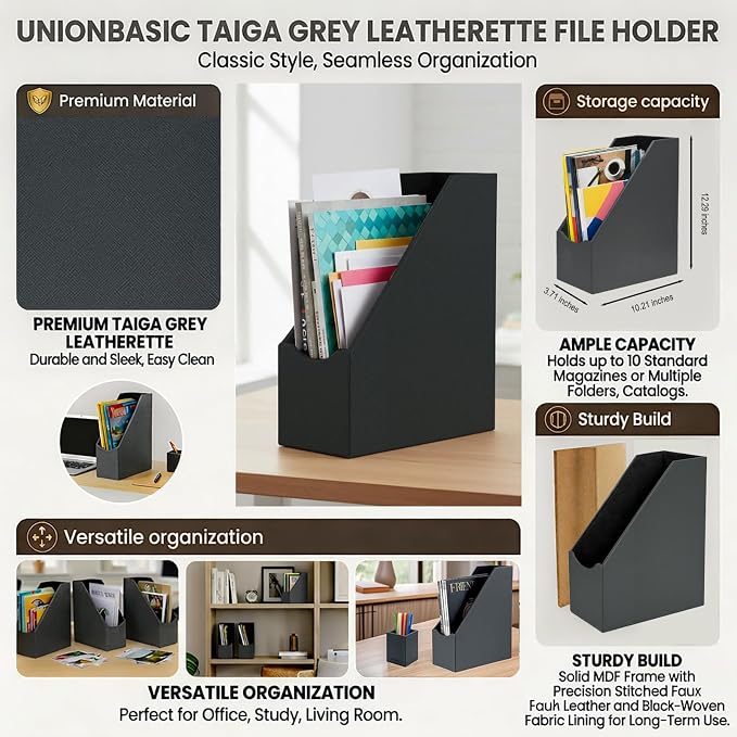 UnionBasic Magazine File Holder, Leatherette Desktop Document Organizer, Home Office Paper Holder File Storage Literature Sorter, Grey