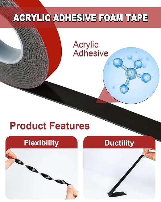 VHB Double Sided Tape, Thin Double Sided Mounting Tape, 12.5mm × 3m Black Adhesive Tapes, Heavy Duty Waterproof High Temperature Resistant for LED Strips, Car Decor, Home Office