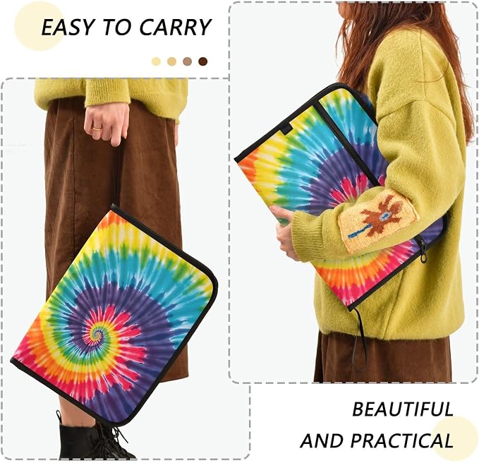 Expanding File Folder Tie Dye Rainbow Swirl Accordion File Organizer 13 Pockets Document Organizer with Zipper Labels A4 Letter Office Storage