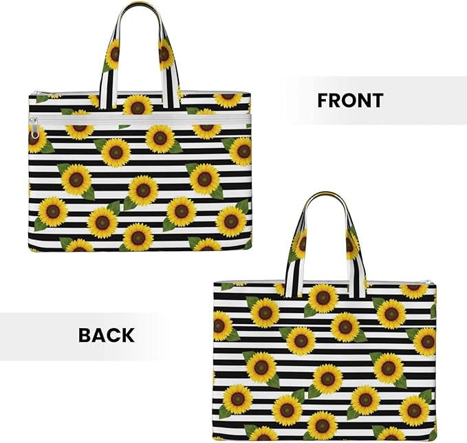 Canvas Document Storage Pouch with Handle, Lightweight Zipper File Bag Orange Sunflower Stripes for Office Books and Folders