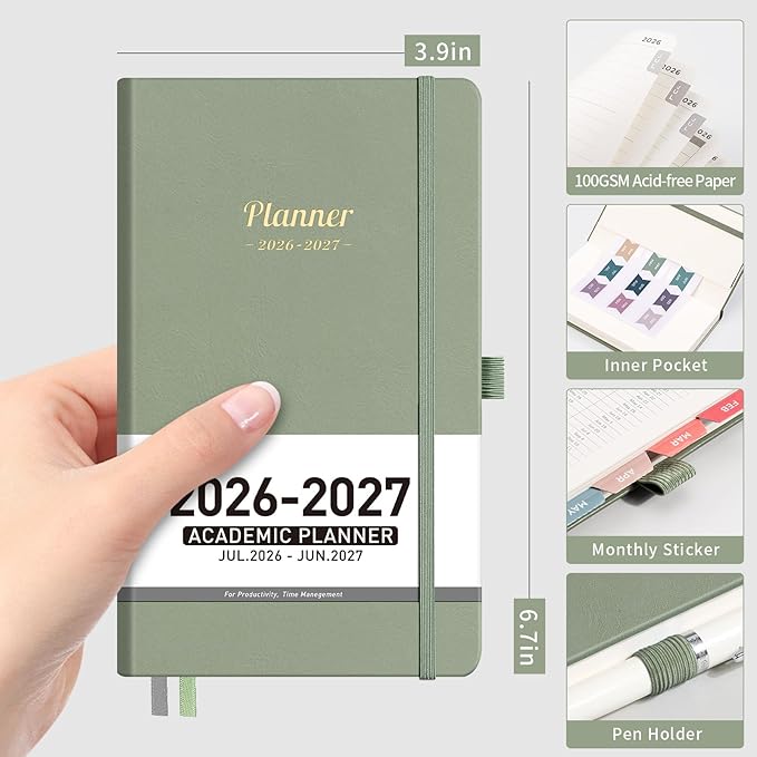 AHGXG Pocket Calendar 2026-2027, July 2026 - June 2027, Academic Planner, Weekly and Monthly, Small Size for Purse, Hardcover, 12-Month Tabs, for Women, School, 3.9"X 6.7" (Sage Green)