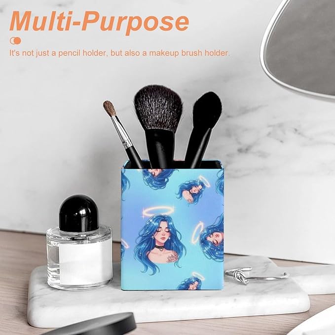 Pen Holder Square Leather Pencil, Holder Cup Makeup Brush Storage Organizer, Waterproof Multifunctional Office Supplies Women Goddess Blue Hair Cosmic Aura