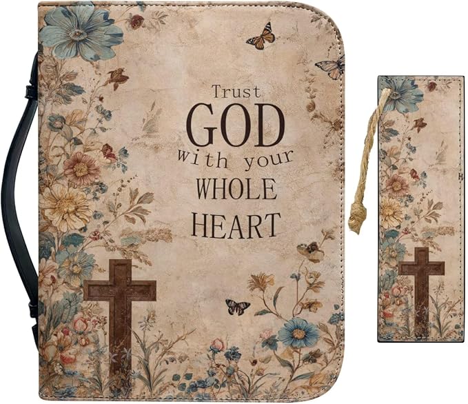 Retro Style Brown Cross Bible Case with Bookmark Waterproof Bible Cover Case for Women Lightweight Bible Bag with Handle Pockets Church Book Bag