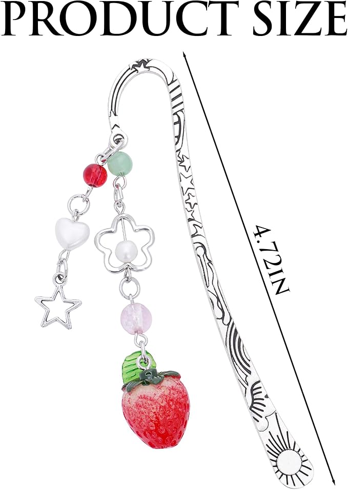 Unique Strawberry Bookmark Gift - Charm Pink Aesthetic Page Mark Cute Silver Chain Pendant Tassel Metal Bookmarks Reading Women Girl Friends Book Club Reader Birthday Valentines Retirement