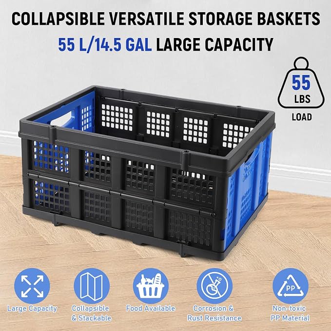 Heavy Duty Collapsible Storage Crate 55L – Stackable Collapsible Plastic Organizer Bin with Side Handles for Food, Books, Tools, Garage, Home Organization – Space-Saving Basket, Blue
