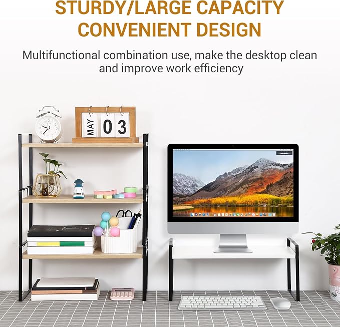 Desk Shelf Organizer for Top of Desk, Detachable 2 Tier Desktop Bookshelf, Wooden Desk Shelves Storage Rack, Small Desktop Shelf for Office Home Dorm, Tabletop Desk Organizer Stand (White+Black)