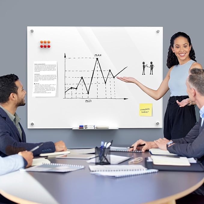 MaxGear Glass Whiteboard Wall Mounted, Frameless Magnetic Dry Erase Board, Tempered Glass, Steel-Backed, Non-Porous Smooth Surface, Floating Design, Accessories Included, for Office Home Classroom